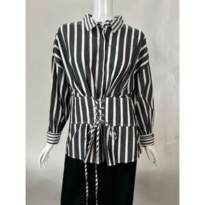 Striped Button-Up Shirt With Corset Detail By Free Generation - Large